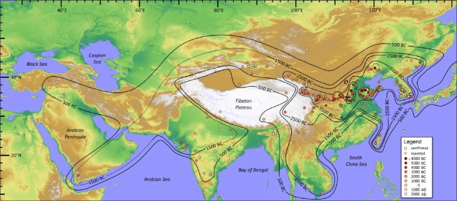 Diffusion of foxtail millet (Setaria italica) throughout Eurasia between 5500–500 BC (Stevens & al. 2016 fig. 4)